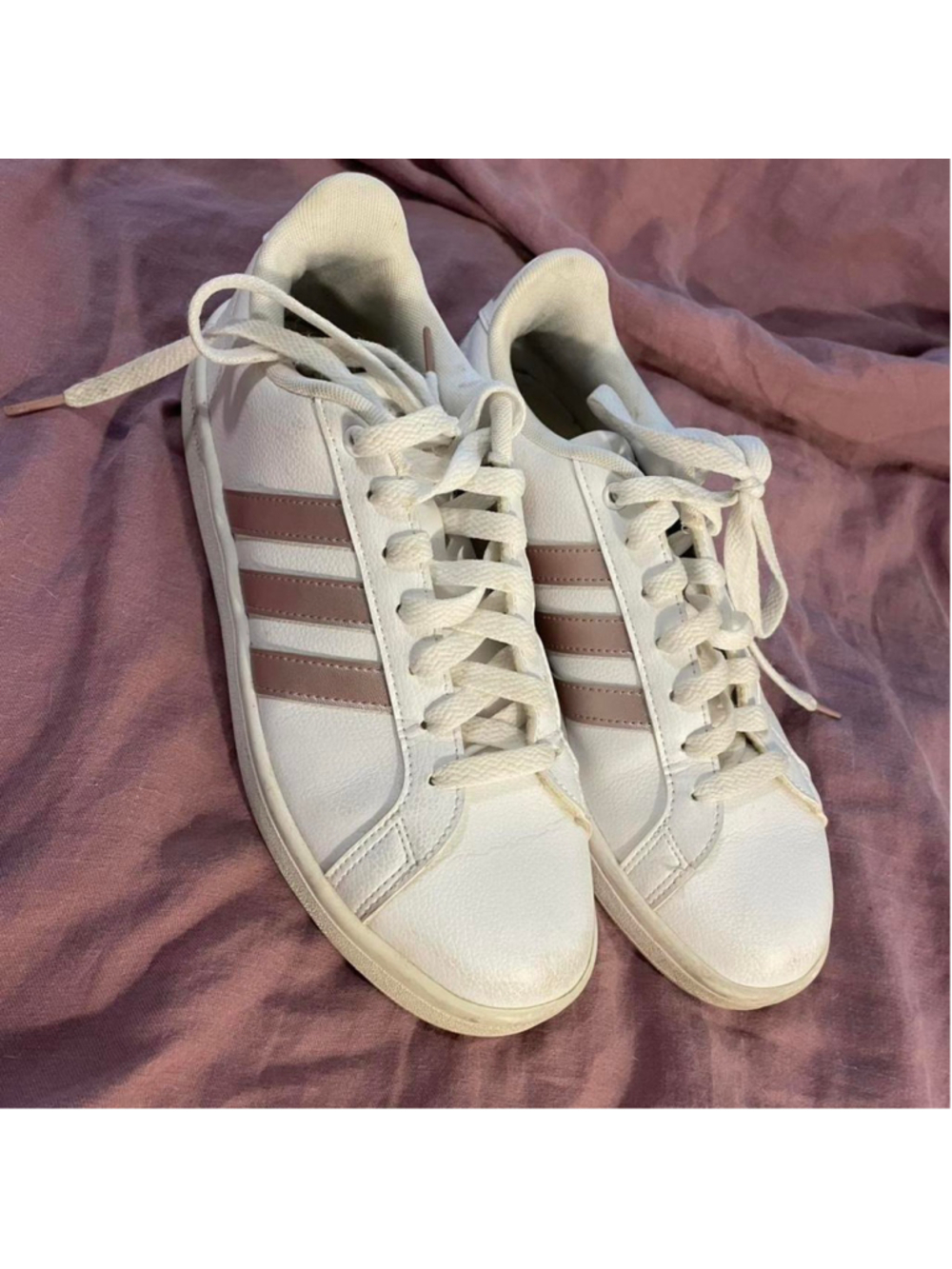 Rose gold pink stripe adidas sneakers in overall great condition